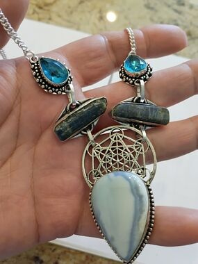 Silver-Tone Blue Agate Teardrop Pendant Necklace W Labordorite &Sky-Blue Accents